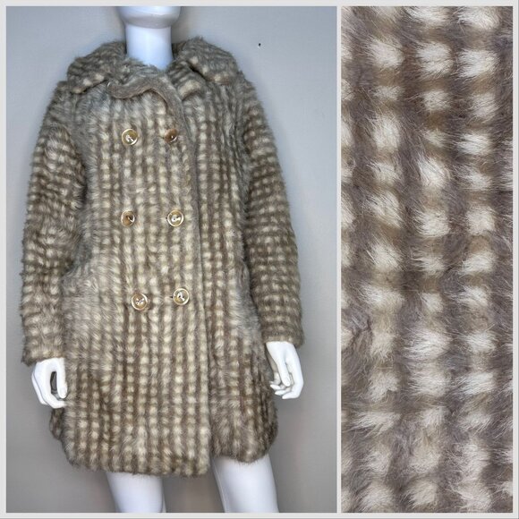 Vintage 1960s Tan Plaid Faux Fur Coat, Size Small